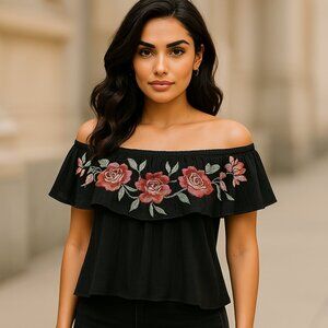 Prosperity Floral embroidered Ruffle black off-shoulder Top Boho Size Med